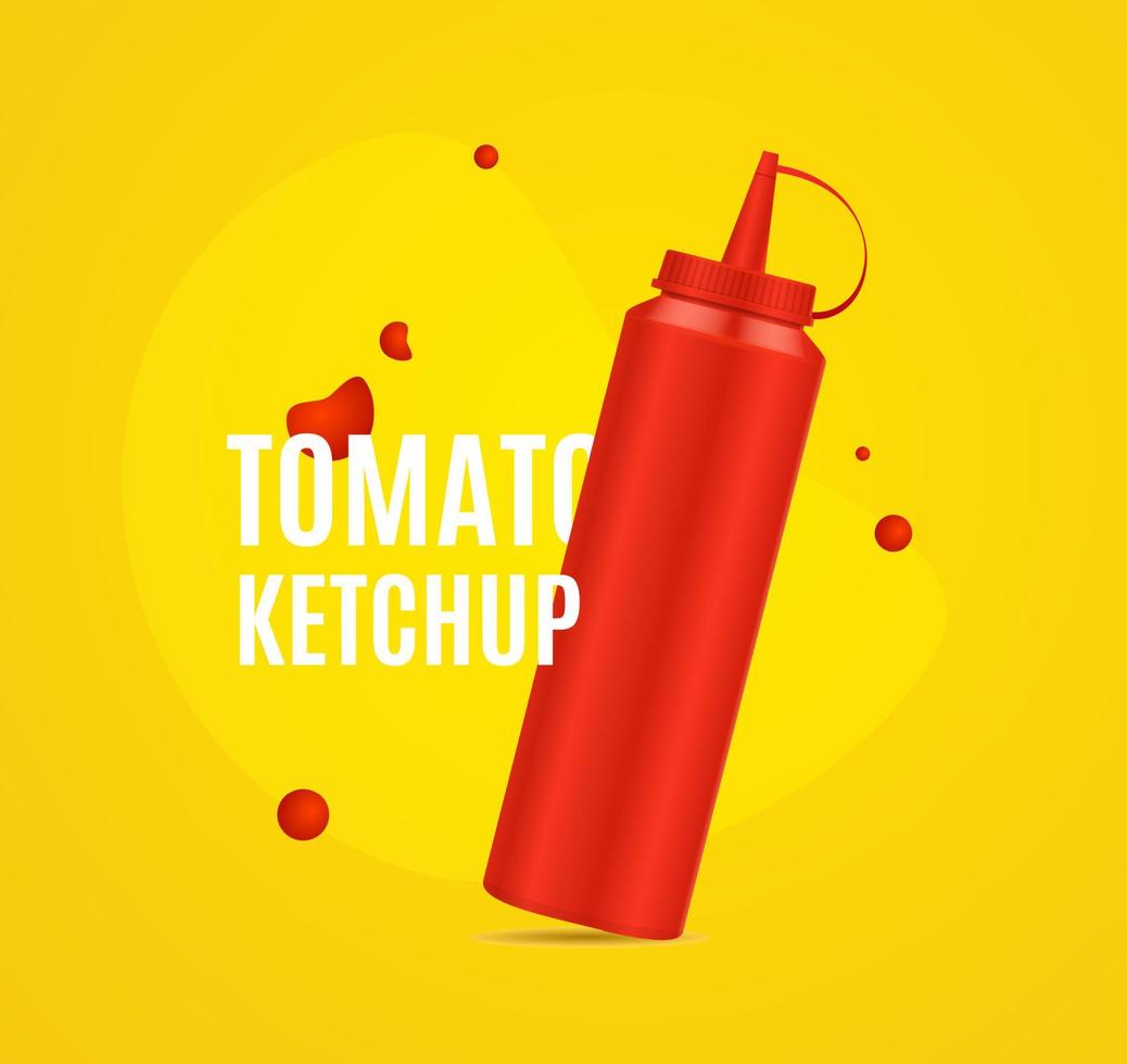 tarjeta de cartel de anuncio de botella de salsa de tomate roja 3d detallada y realista. vector