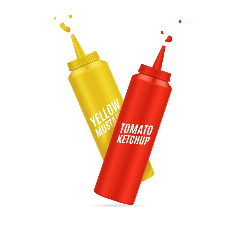 juego de botellas de mostaza y ketchup 3d detallado y realista. vector