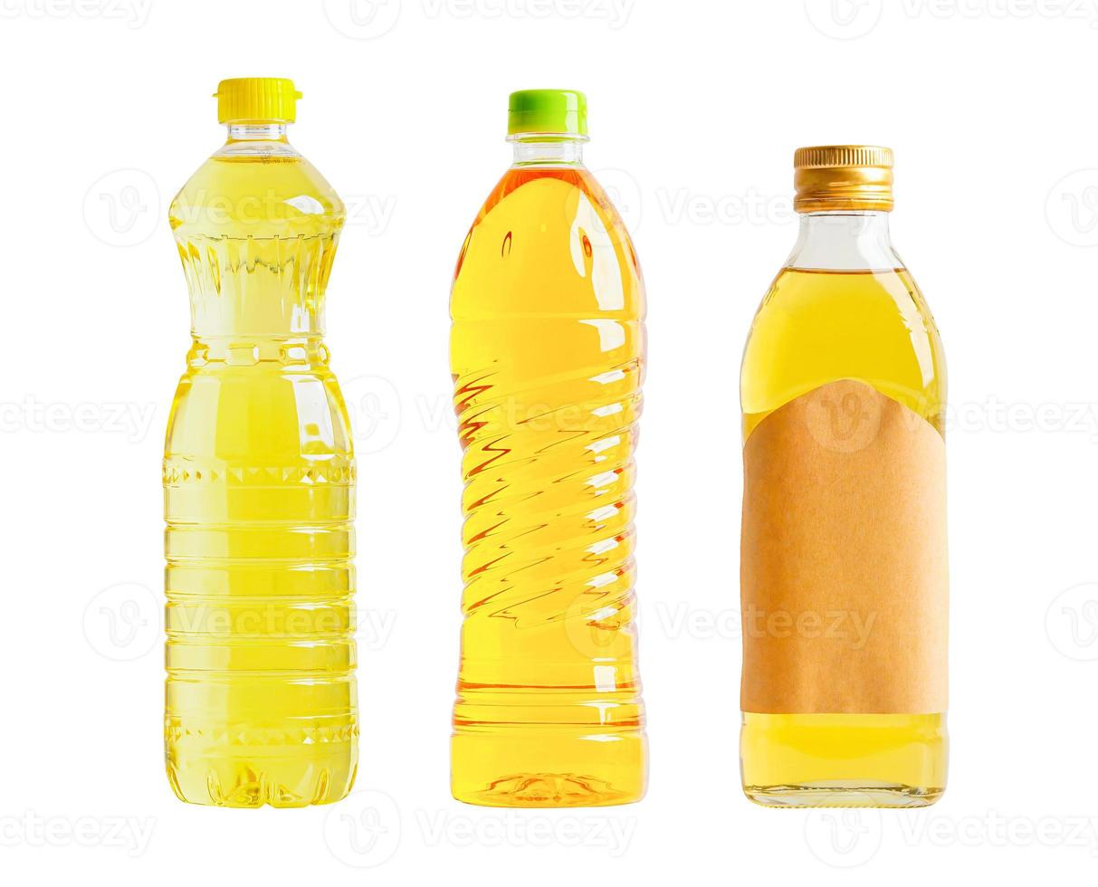 Vegetable oil glass bottle isolated on white background with clipping path, organic healthy food for cooking. photo