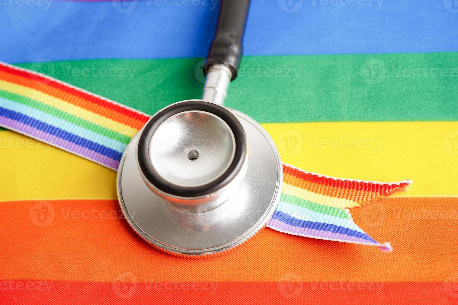 LGBT symbol, Stethoscope with rainbow ribbon, rights and gender equality, LGBT Pride Month in June. photo