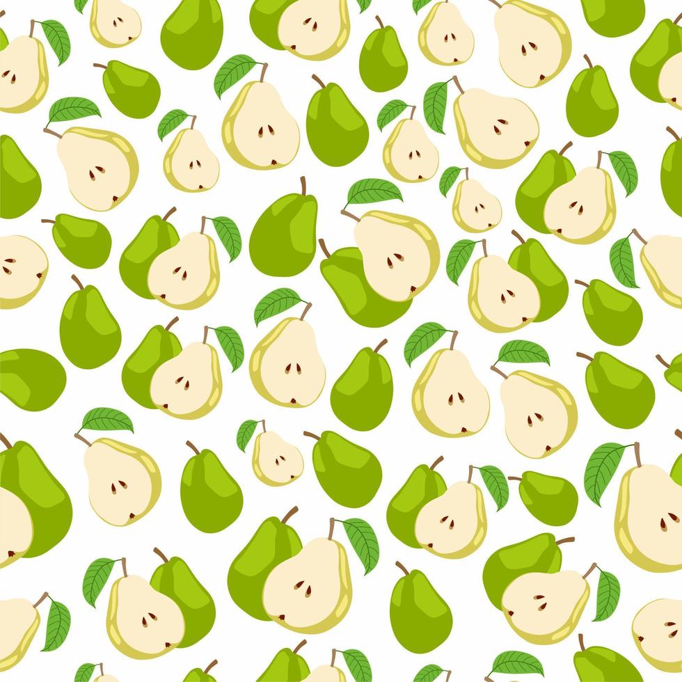 Green and yellow pears on seamless background. Pattern, textile, fabric, print or wrapping paper. Juicy fruit. Green leaf's. vector