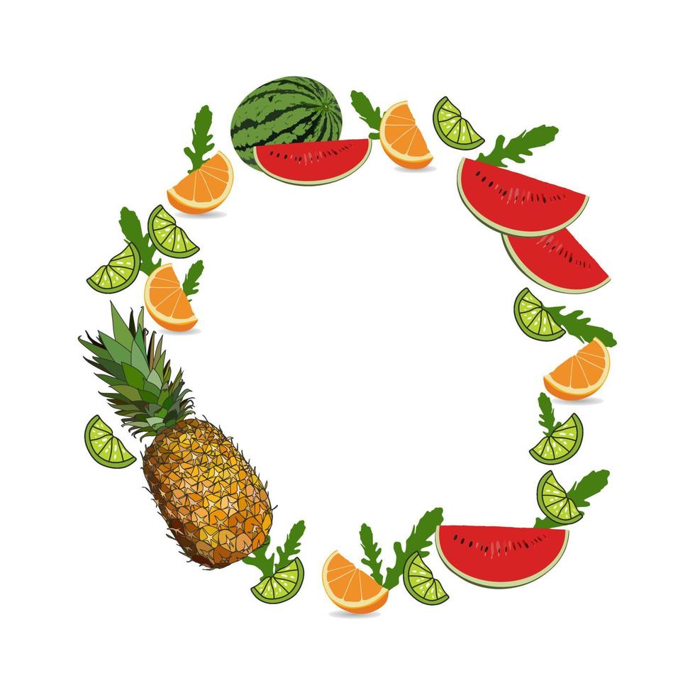 Exotic fruits round frame. Watermelon, pineapple, orange, lime and leafs. vector