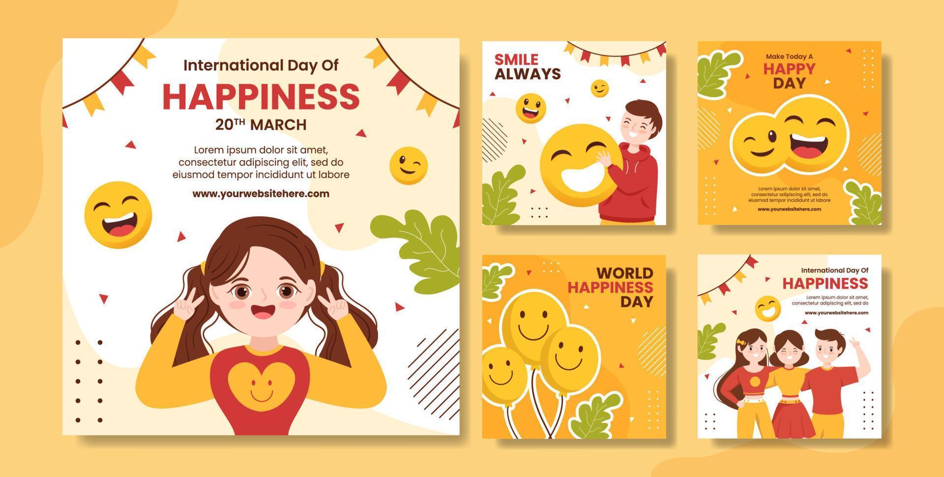 publicación en redes sociales del día mundial de la felicidad con cara sonriente ilustración de plantillas dibujadas a mano de dibujos animados planos vector