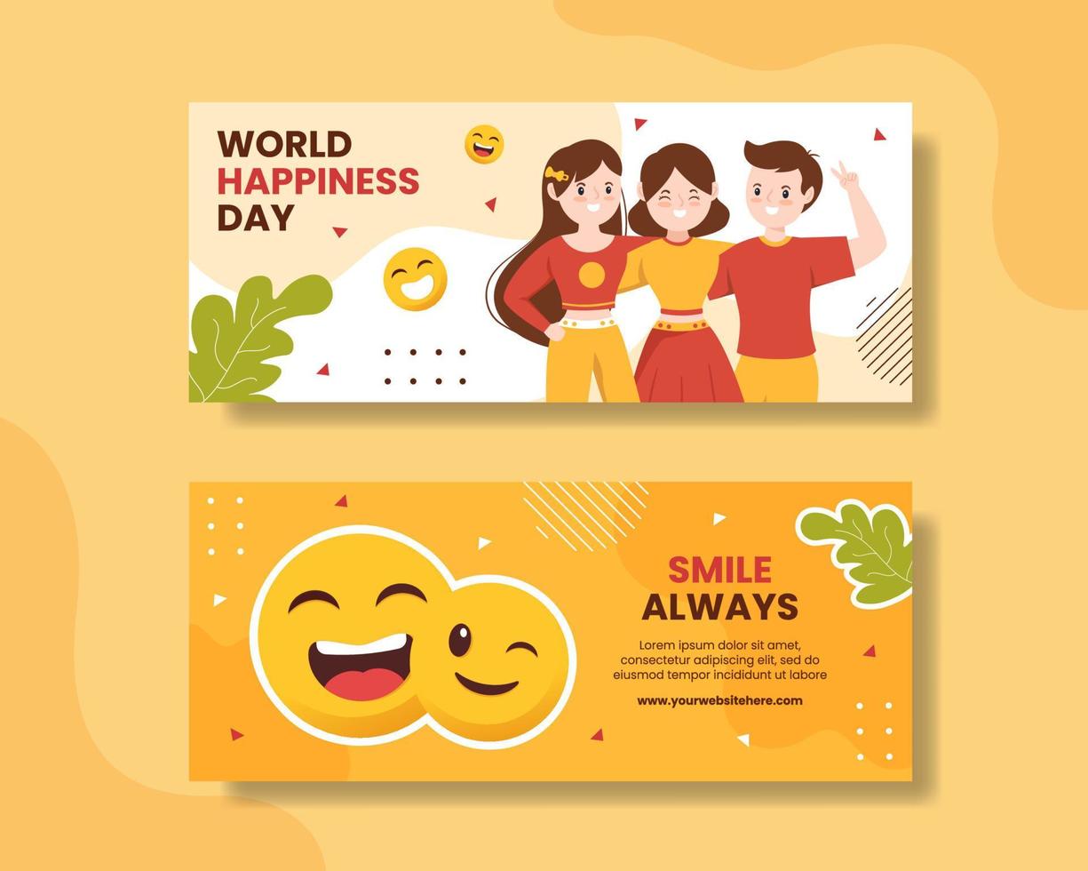 banner horizontal del día mundial de la felicidad con cara sonriente ilustración de plantillas dibujadas a mano de dibujos animados planos vector