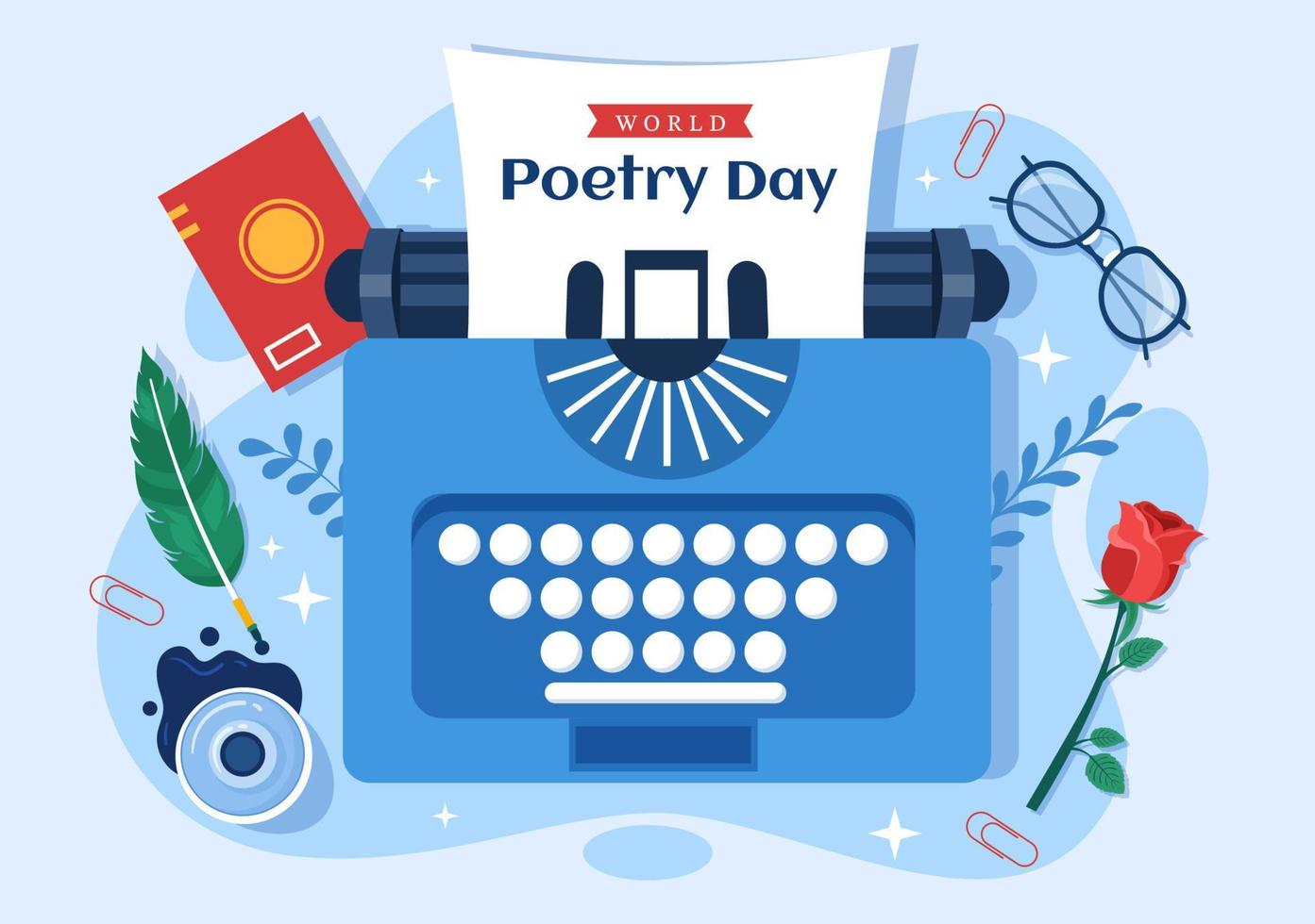 día mundial de la poesía el 21 de marzo ilustración con una pluma, papel o máquina de escribir para banner web o página de inicio en plantillas planas dibujadas a mano de dibujos animados vector
