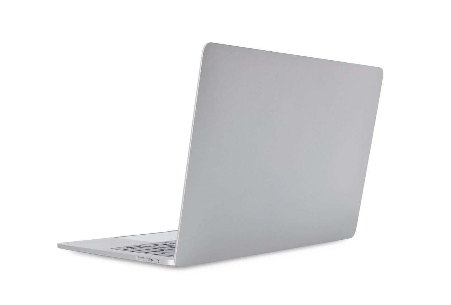 Rear view of silver Laptop in angled position. mockup isolated on white background, mockup template, with clipping path. photo