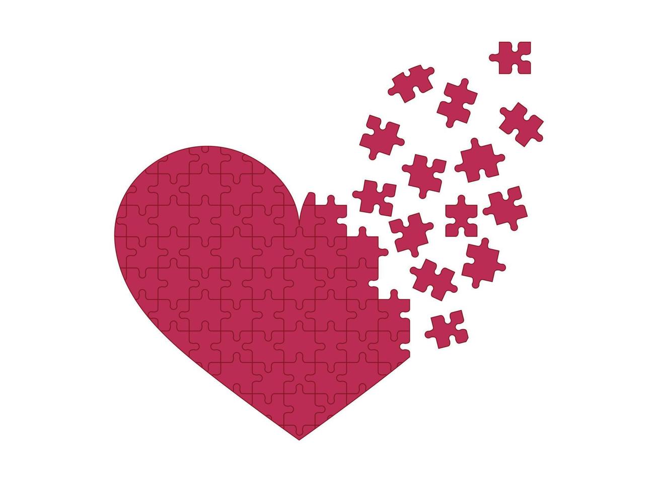 Broken heart and unhappy unrequited love concept. Heart with puzzle pieces. Flat outline vector illustration. Viva magenta color