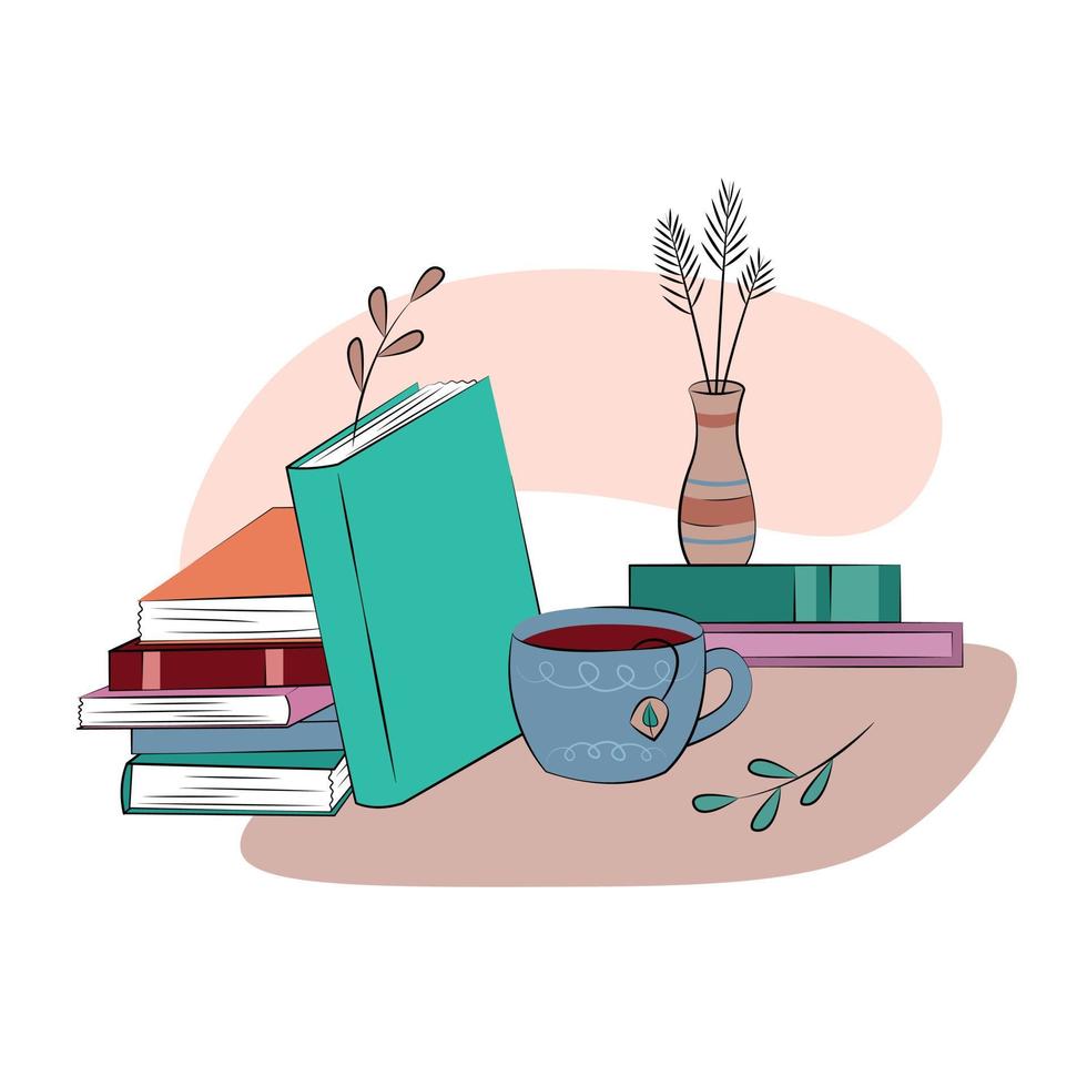 Books stack composition. Cozy vector illustration with colorful books, mug of tea on table. Love of reading concept
