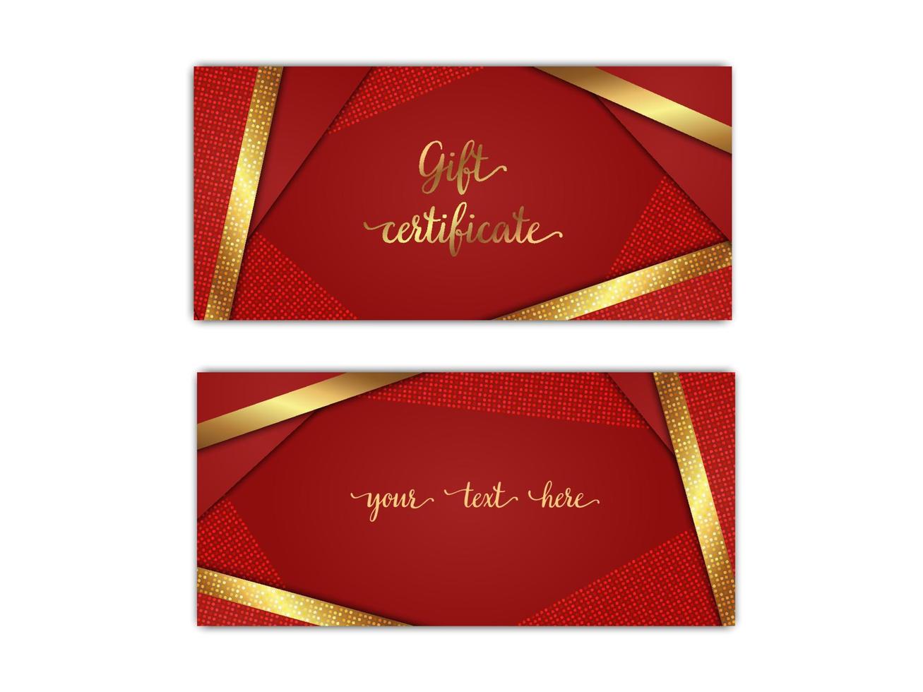 Gift certificate template. Luxury red voucher layout with shiny golden decor elements. Vector illustration of gift coupon with abstract rich background.. Front and back sides