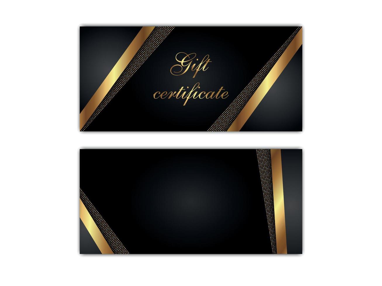 plantillas de certificado de regalo aisladas. diseños de vales negros gráficos vectoriales con elementos decorativos dorados brillantes. ilustración de cupón de regalo con fondo de lujo vector