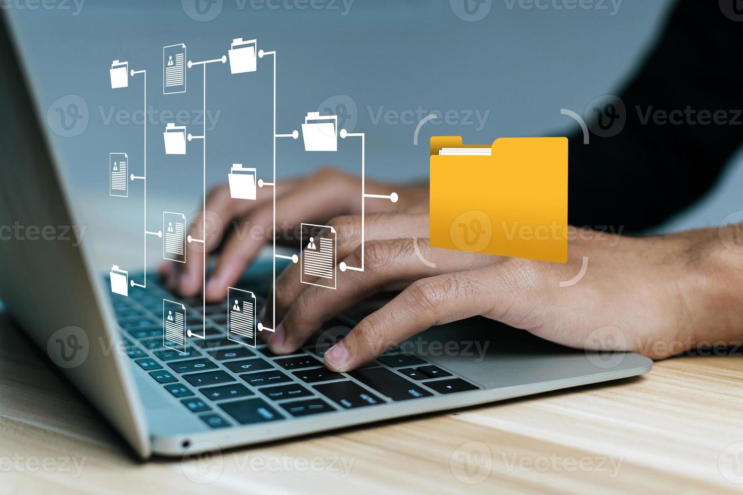 Cloud Computing. business people hand using laptop computer with virtual graphic icon on desk, document management system, digital marketing, business finance, internet network technology concept photo