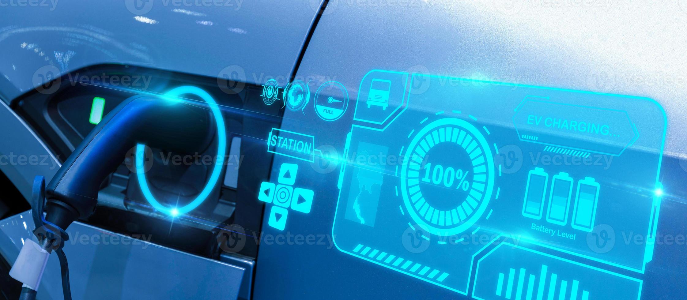 electric vehicle charging station with power cable supply plugged at station with graphic display diagram, EV charging station, green energy, blue power, electric energy, technology and EV Car concept photo