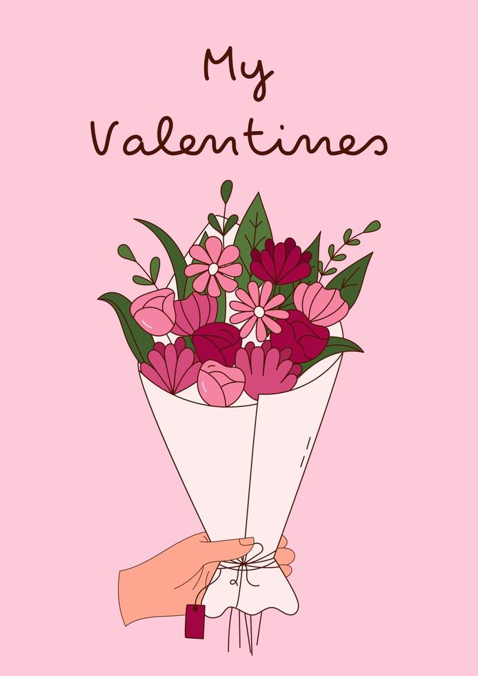 Hand drawn set of bouquets of flowers for Valentine day. Design elements for posters, greeting cards, banners and invitations. vector