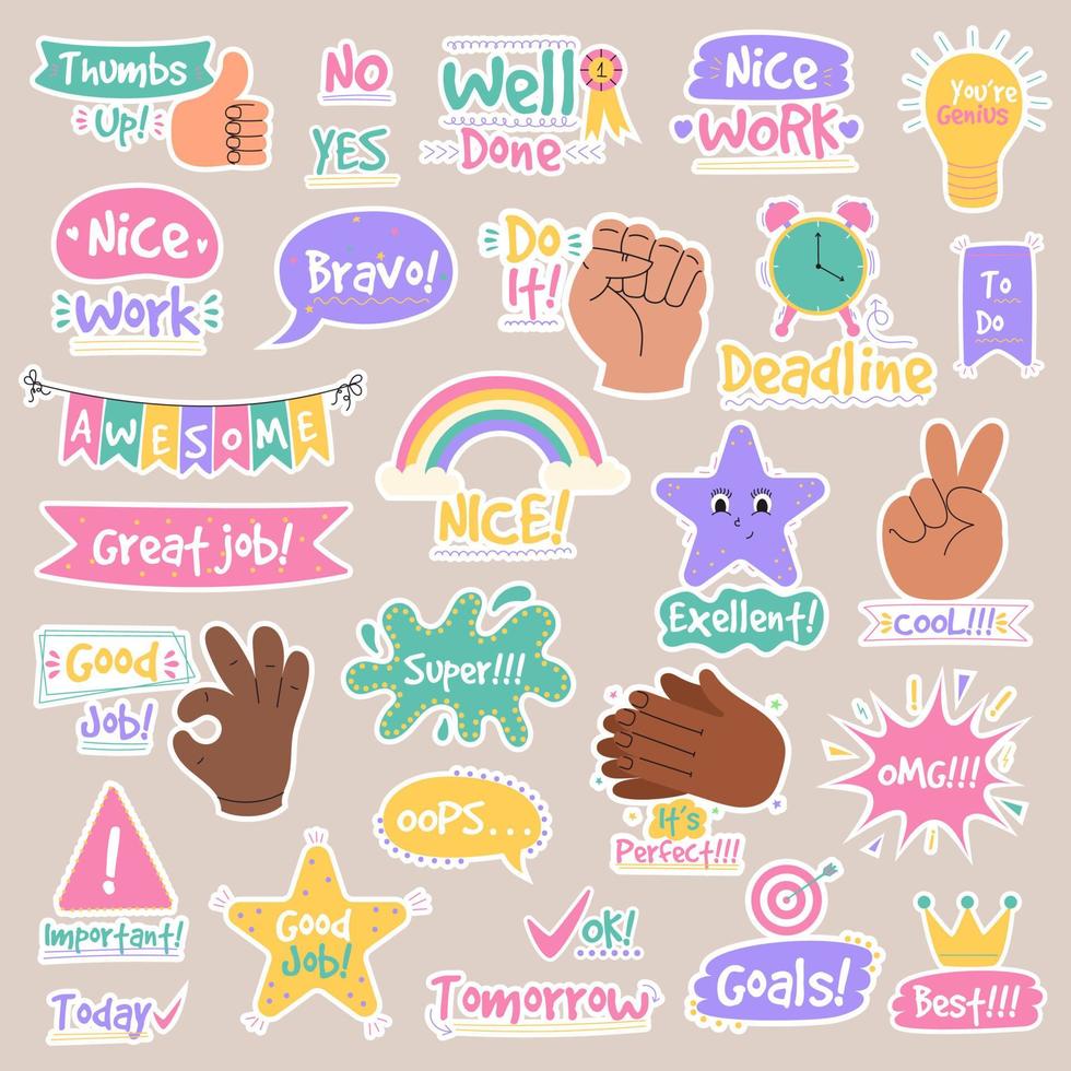 Job and great job groovy stickers pack. Set of reward stickers for teachers and kids. Hand drawn vector illustration.