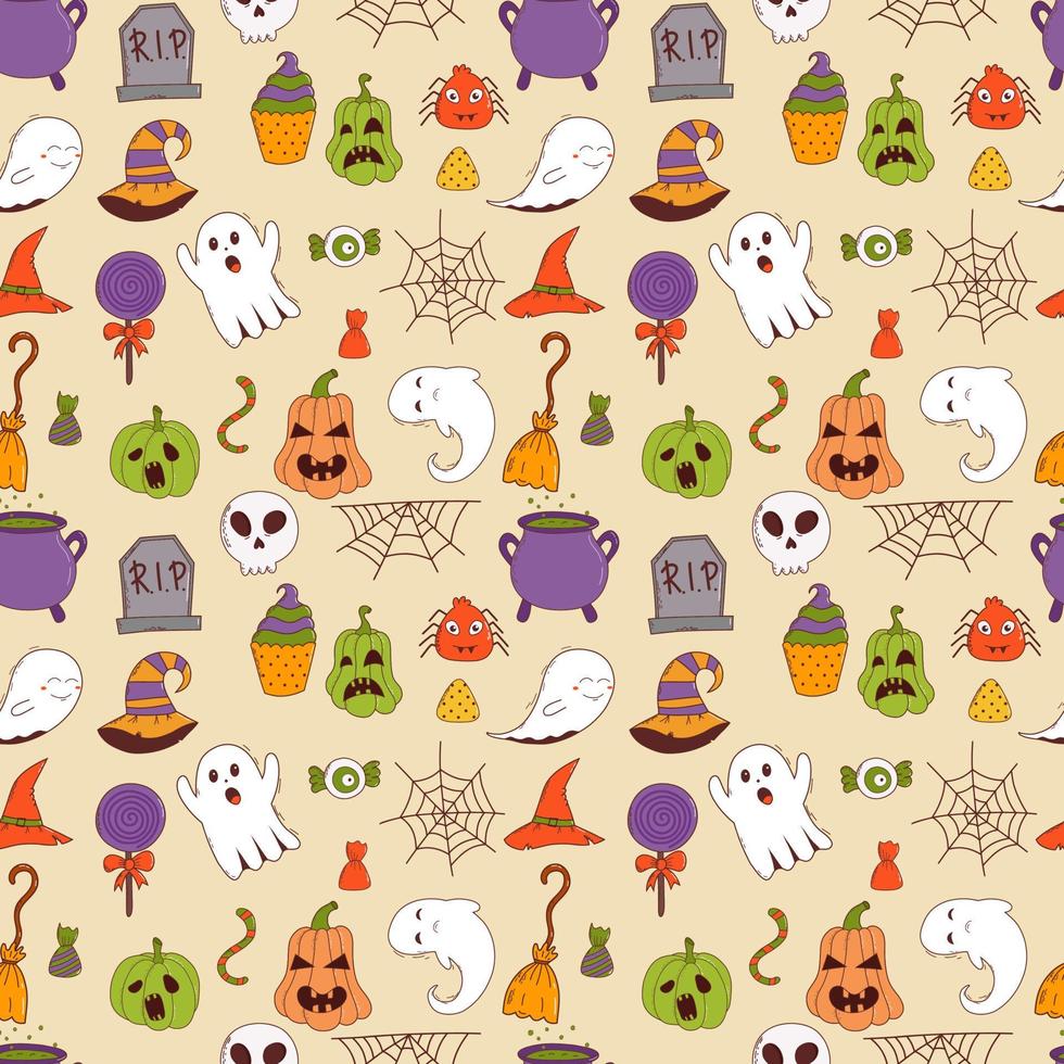 Funny halloween seamless pattern. pumpkin, ghost, witch hat, bat, sweets, spider, broom. Trick or treat concept. Vector illustration in hand drawn style