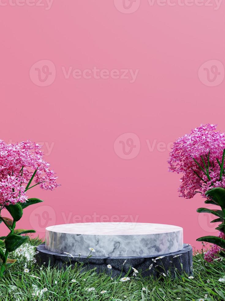 Simple minimalist circle ceramic stone podium and pink wall with pink flower trees and grass, 3d render photo