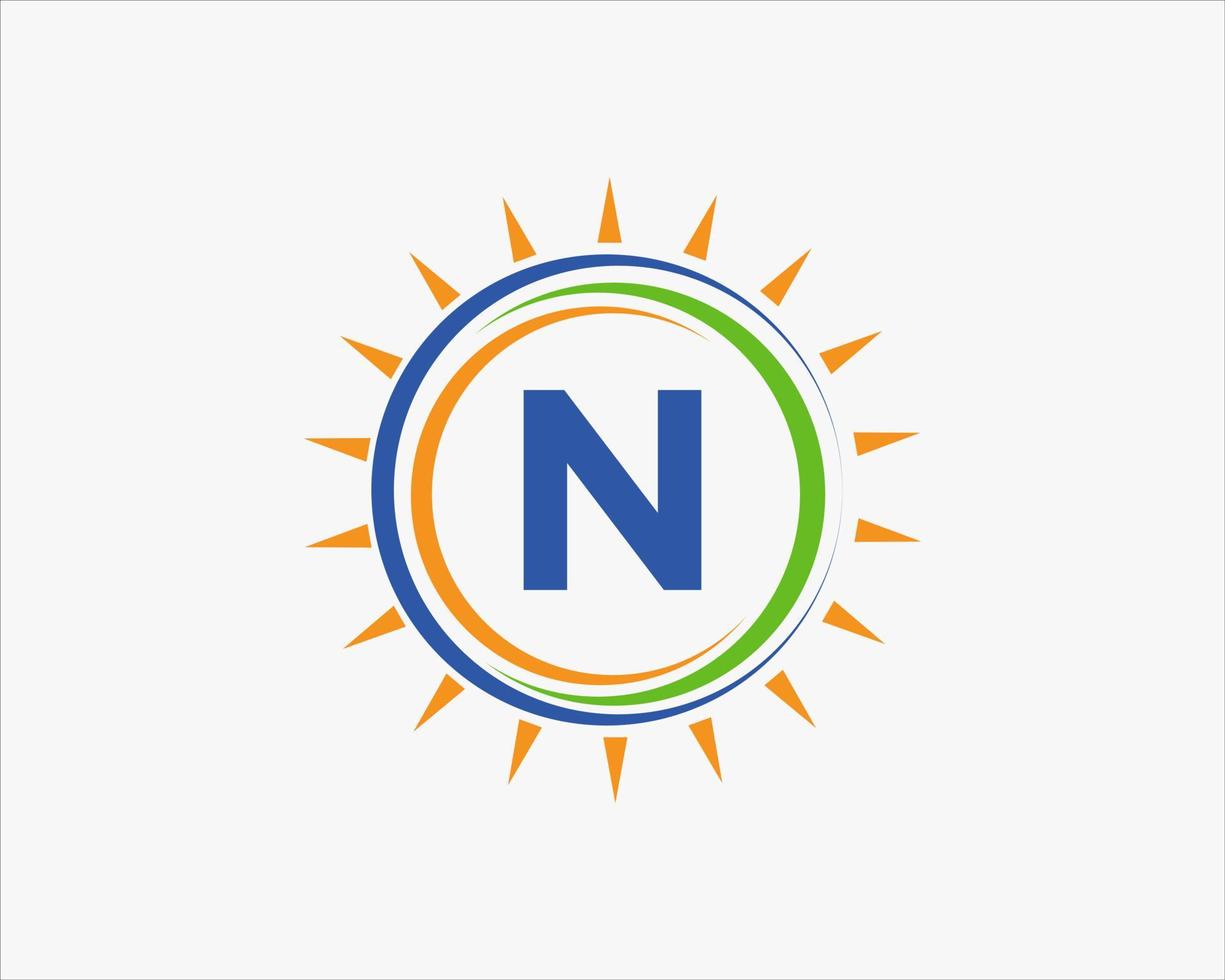 logotipo de la letra n sol. plantilla de logotipo de industria de agricultura eléctrica de granja de paneles solares vector