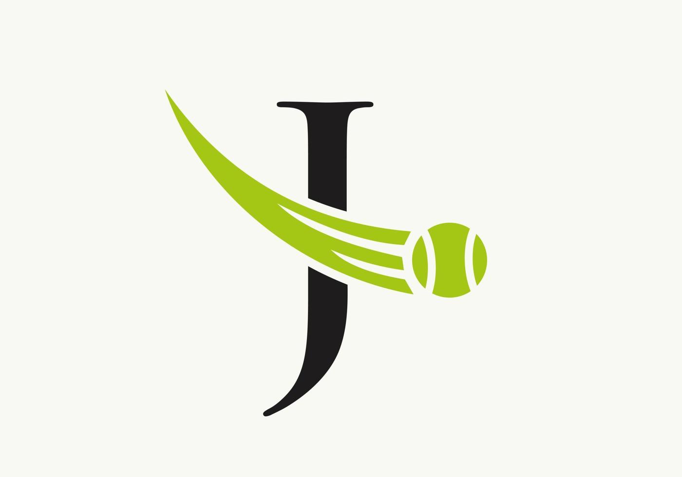 plantilla de diseño de logotipo de tenis con letra j. logotipo del club de la academia deportiva de tenis vector