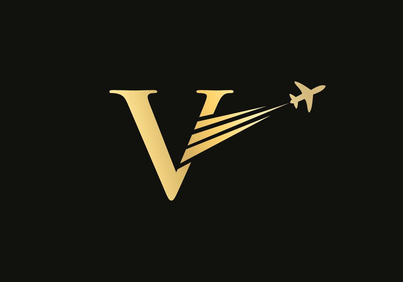 concepto de diseño de logotipo de viaje con letra v con símbolo de avión volador vector