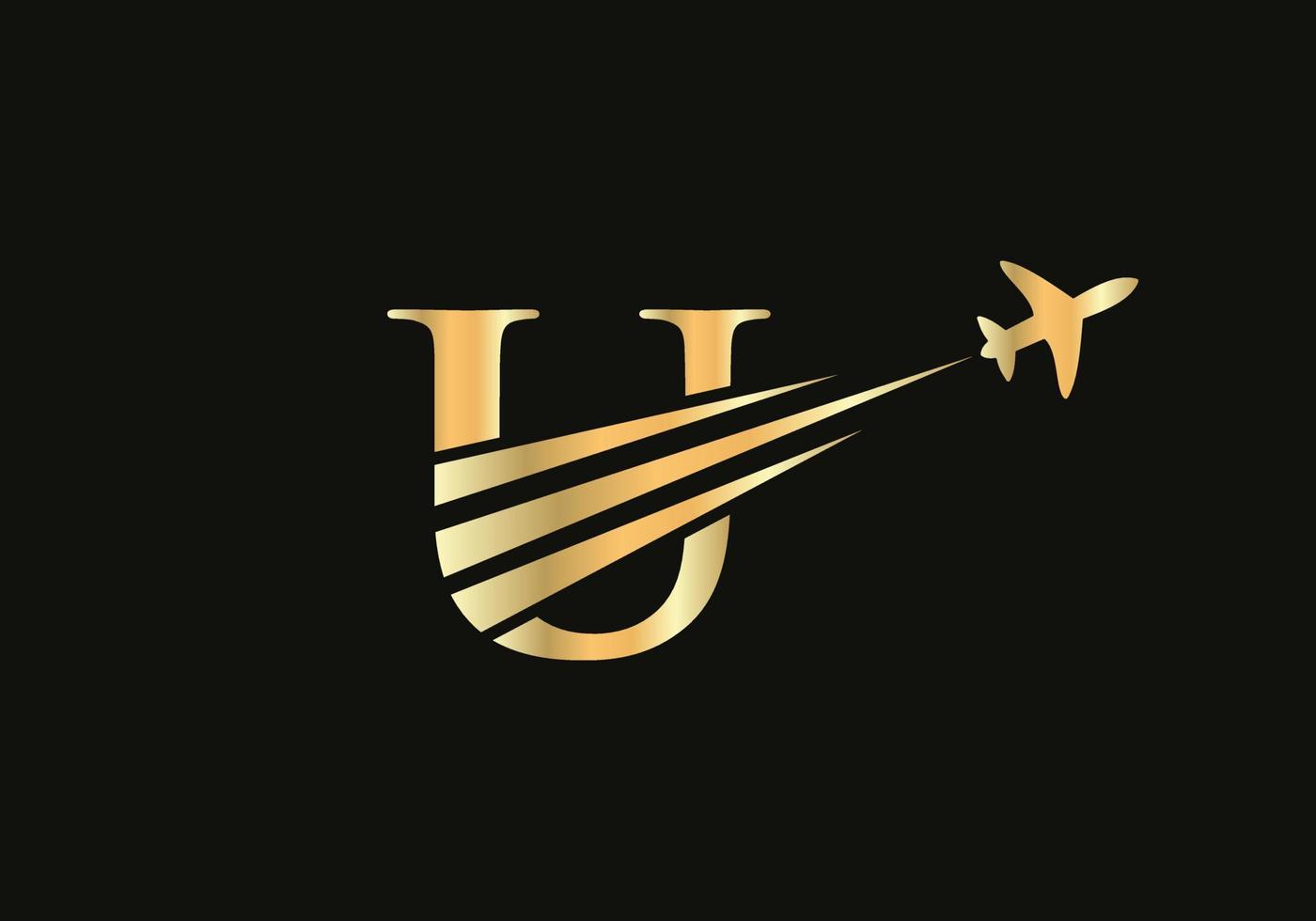 concepto de diseño de logotipo de viaje con letra u con símbolo de avión volador vector