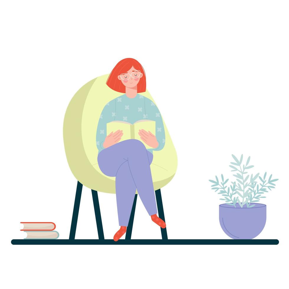 Woman sitting in a chair reading a book. Vector illustration