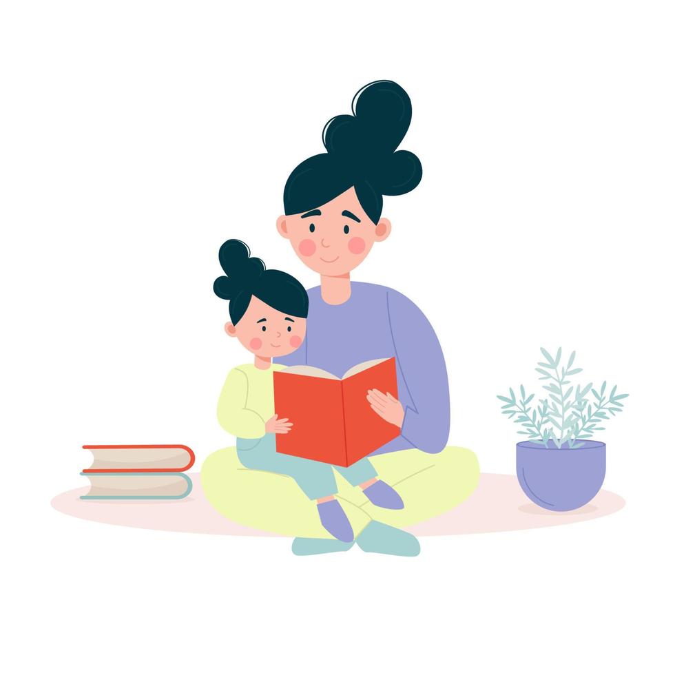 Mother and daughter sitting on the floor reading a book together. Vector illustration