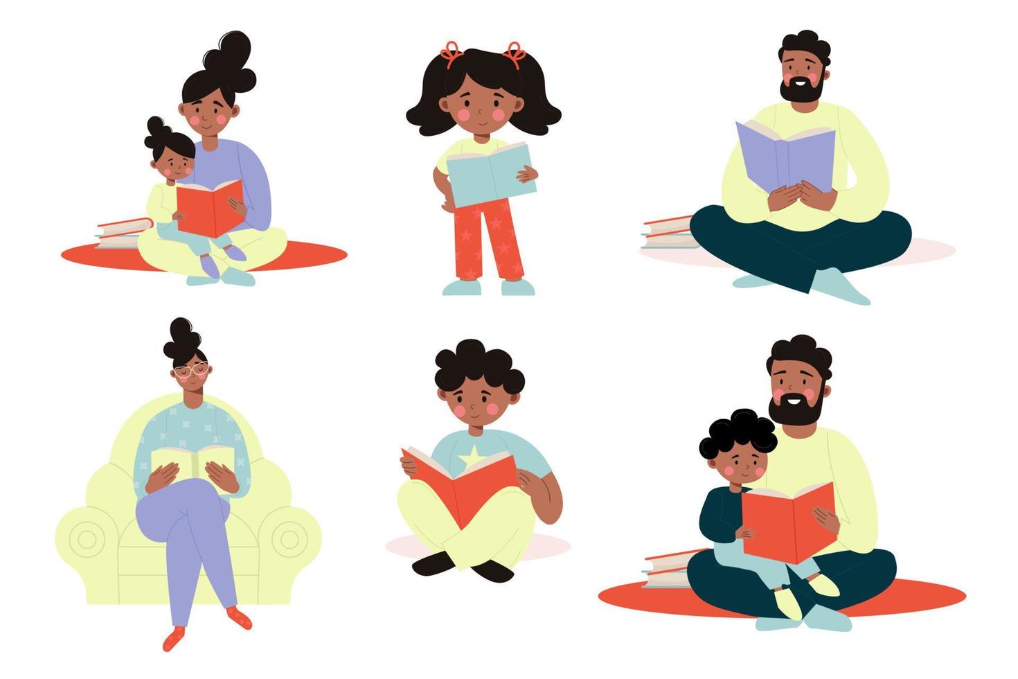 Set of different illustrations of African American parents and children reading a book.  Vector