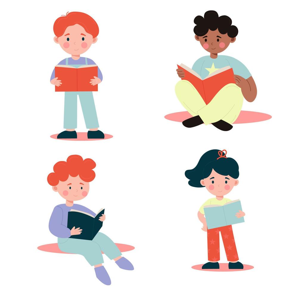 Set of different children boy, girl reading a book.  Vector illustration