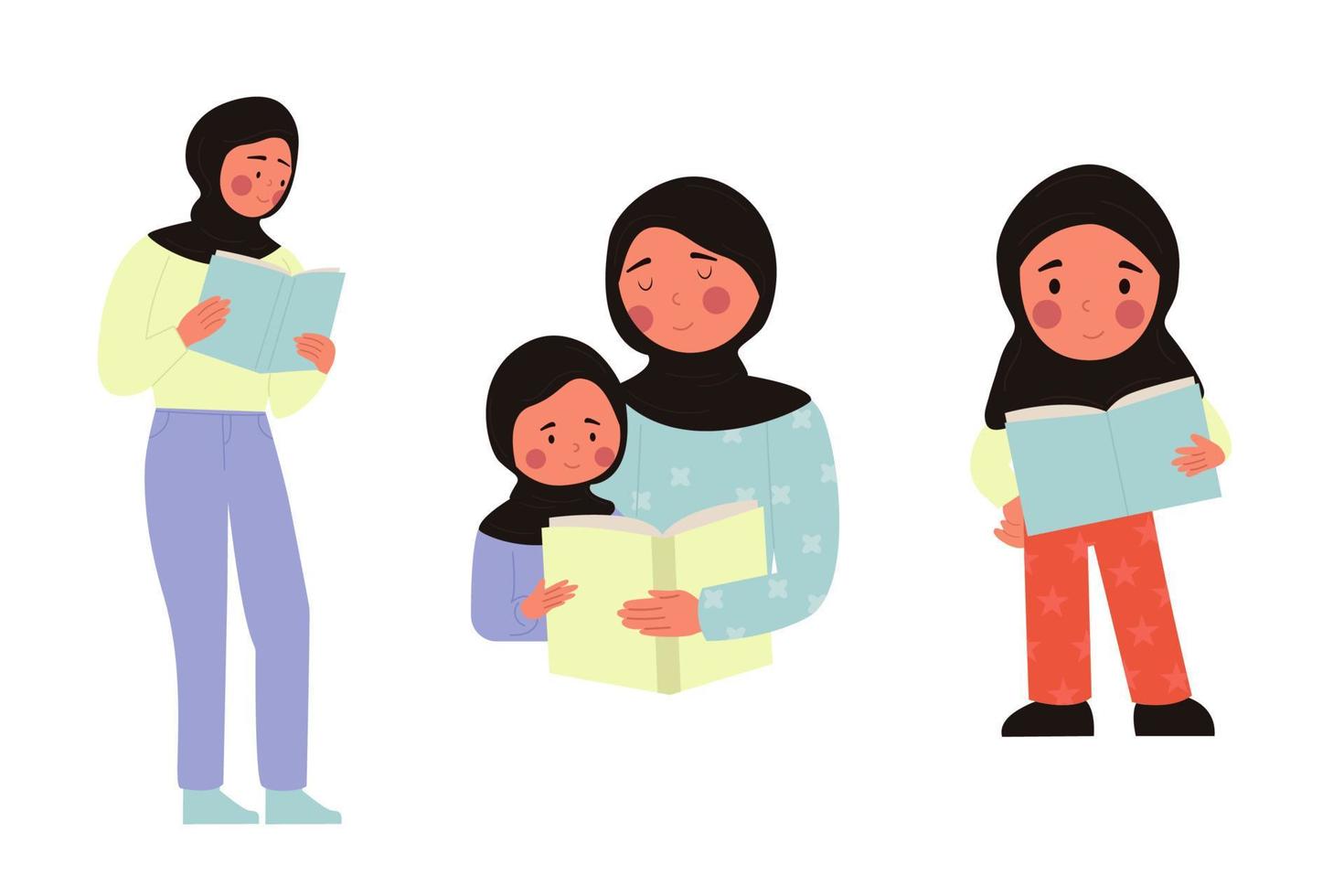 Set of different illustrations of mother and children in hijab reading a book.  Vector