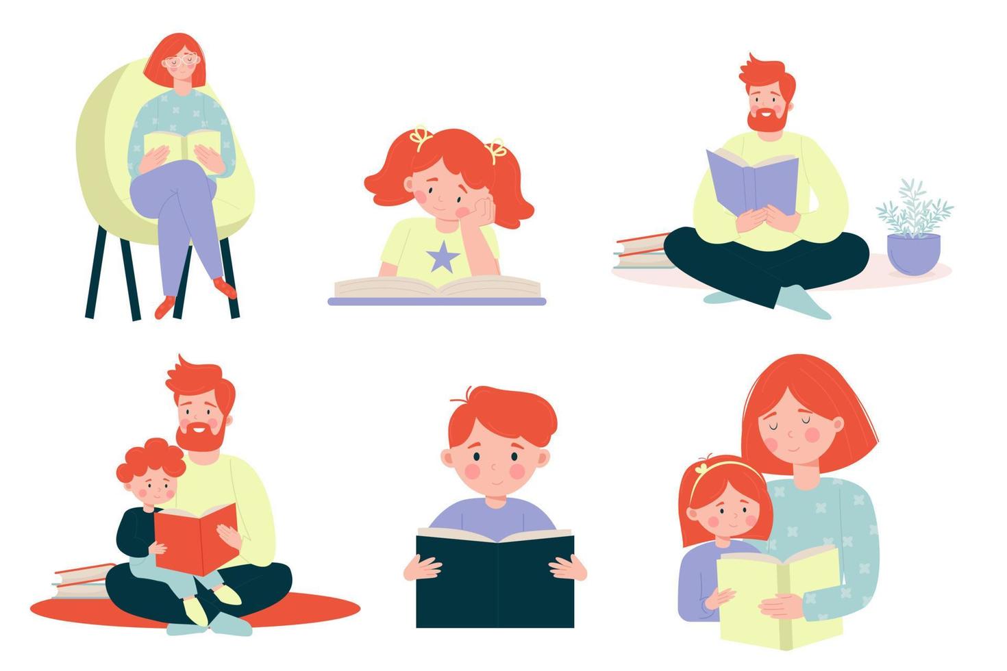 Set of different illustration of parents and children reading a book.  Vector