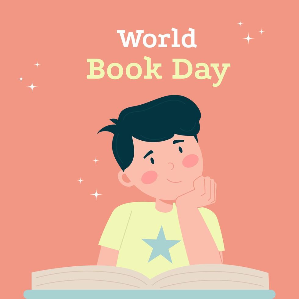 World Book Day background. Child boy sitting dreaming vector