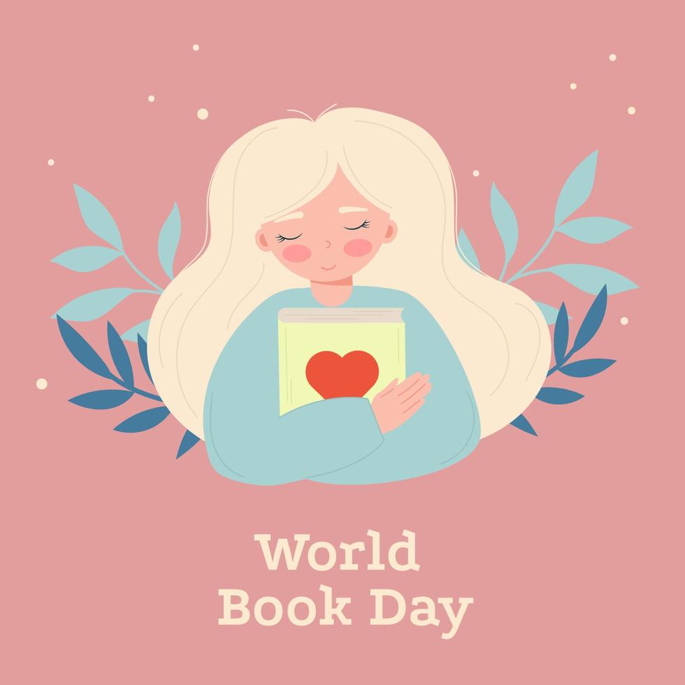 World Book Day background. Woman hugging a book vector