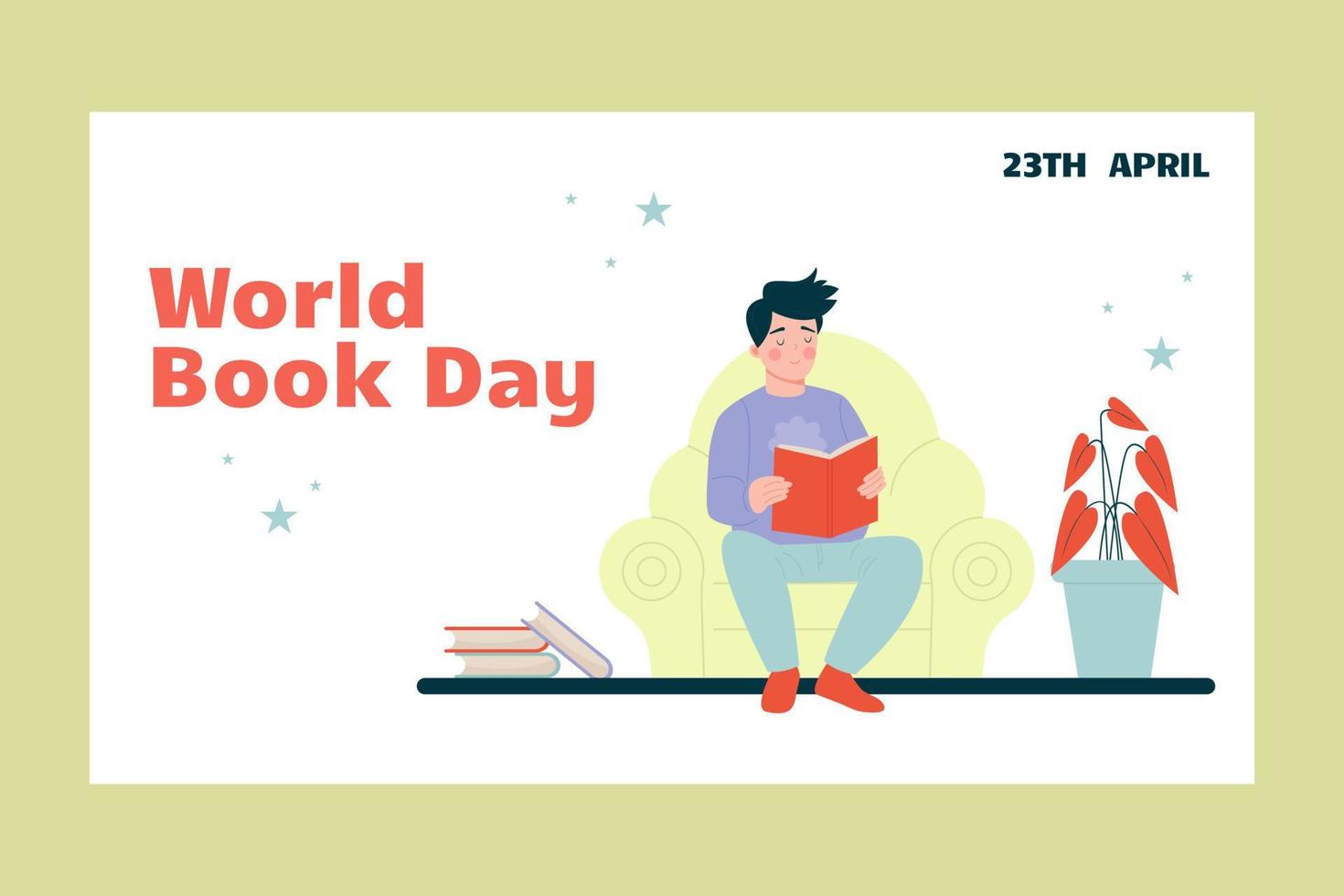 Man reading a book banner horizontal. World Book Day vector