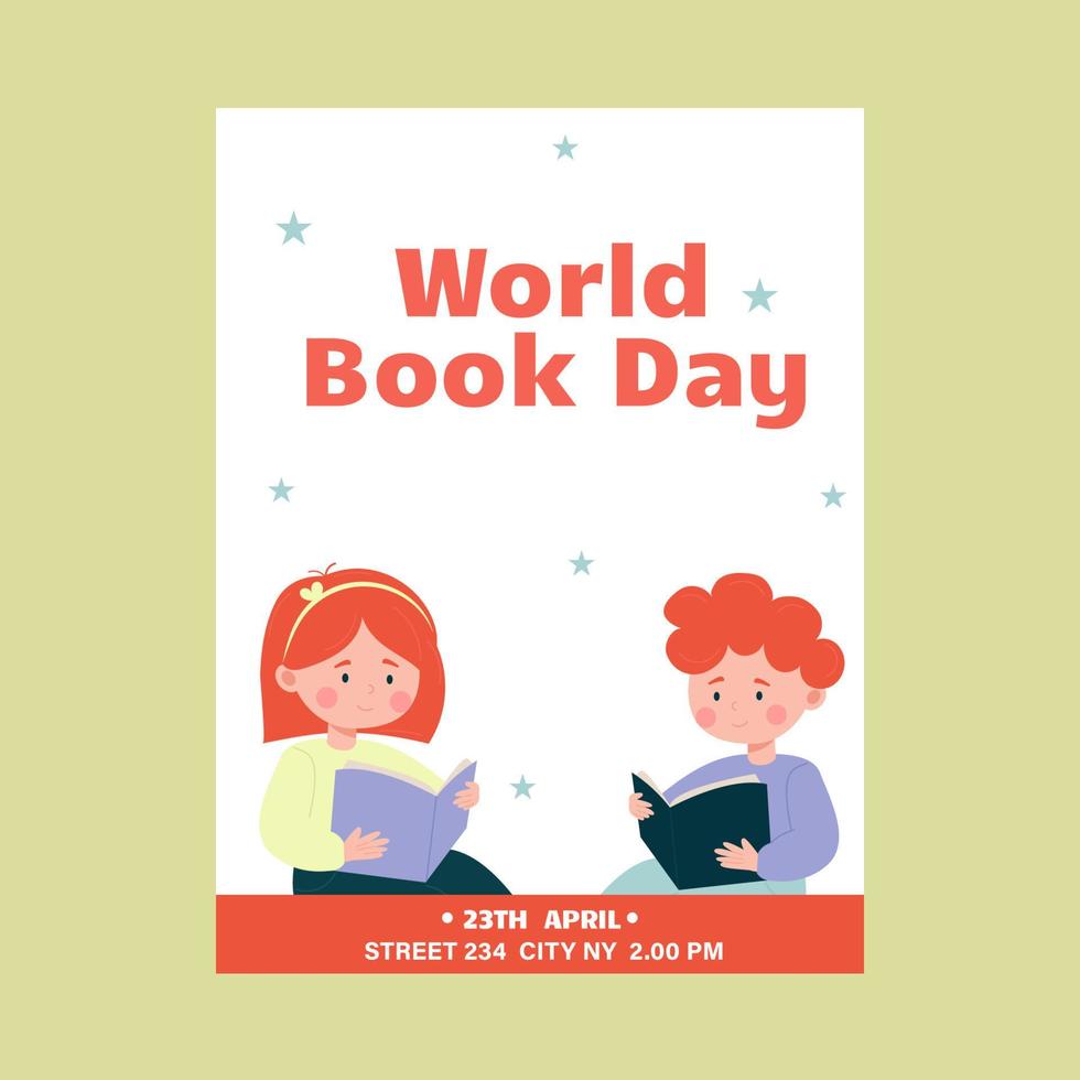 Children reading a book poster, flyer. World Book Day vector