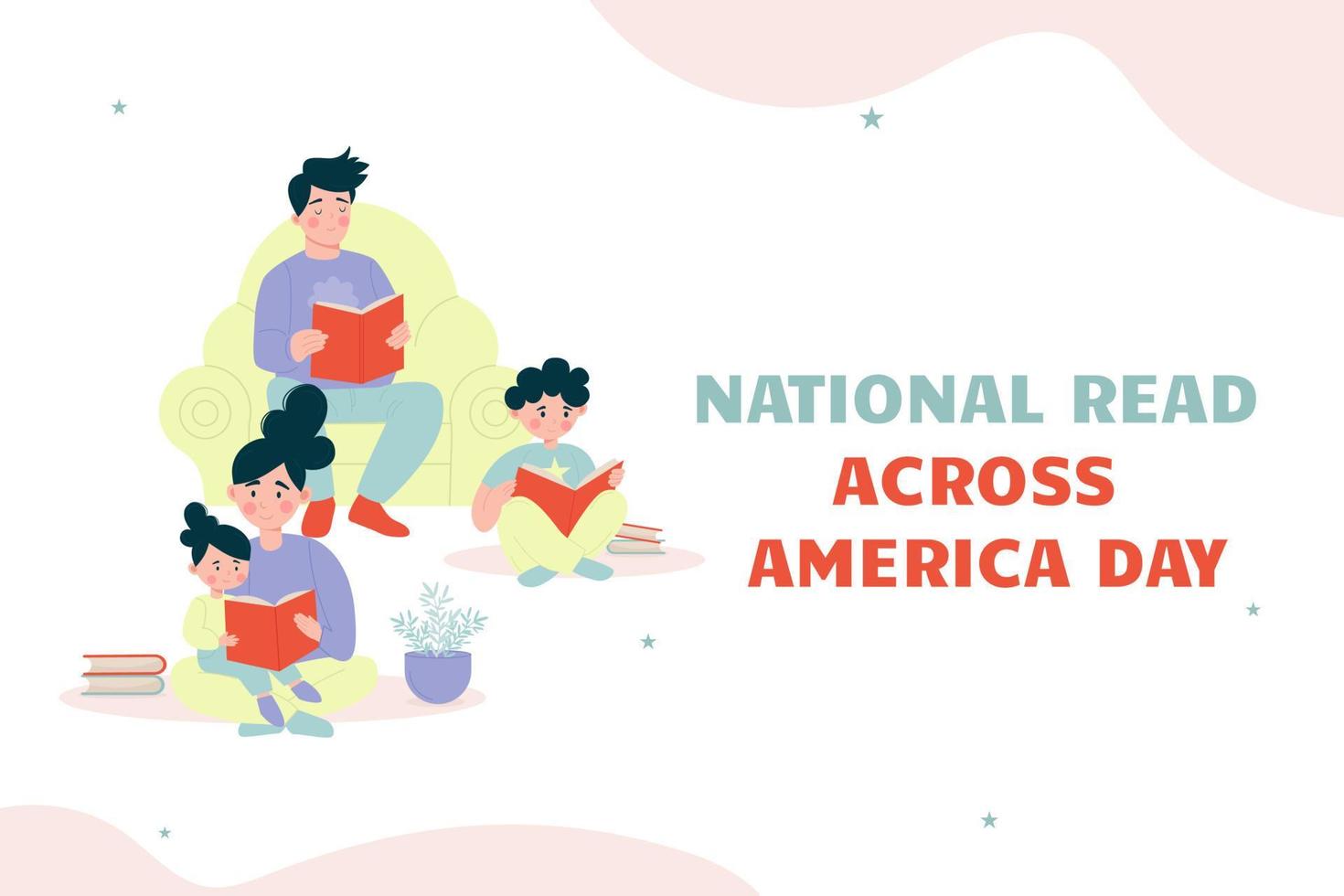 los niños y los padres están leyendo un libro. día nacional de lectura a través de américa vector