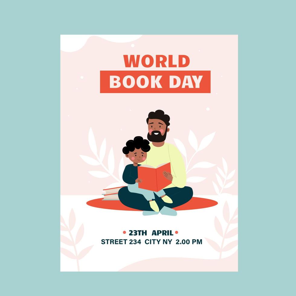 Parent and child reading a book poster, flyer. World Book Day vector