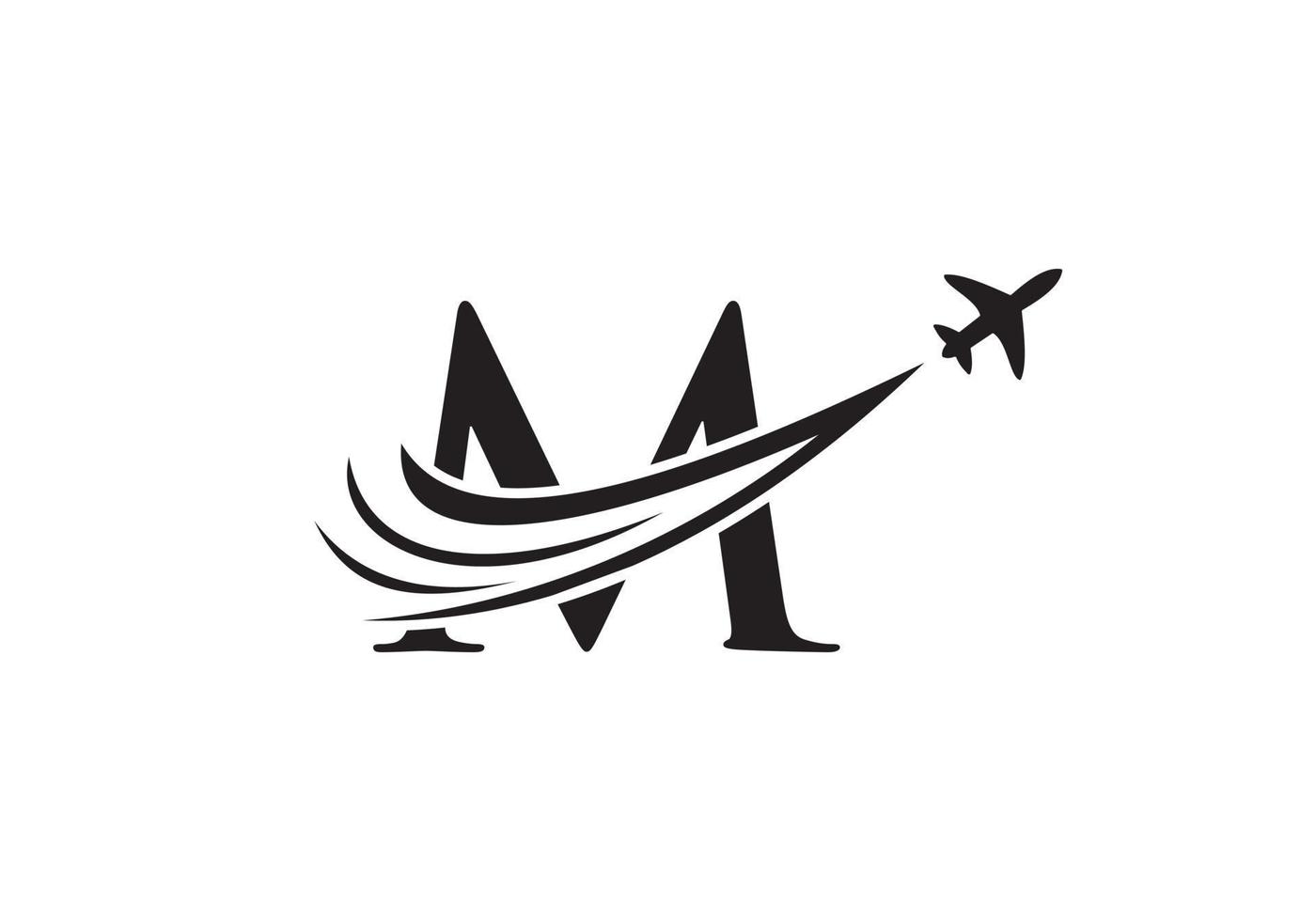 concepto de diseño de logotipo de viaje de letra m con símbolo de avión volador vector