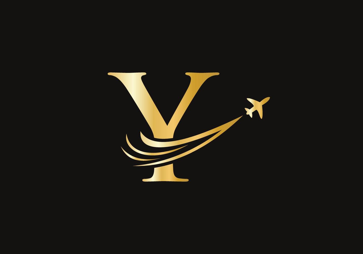 concepto de diseño de logotipo de viaje de letra y con símbolo de avión volador vector