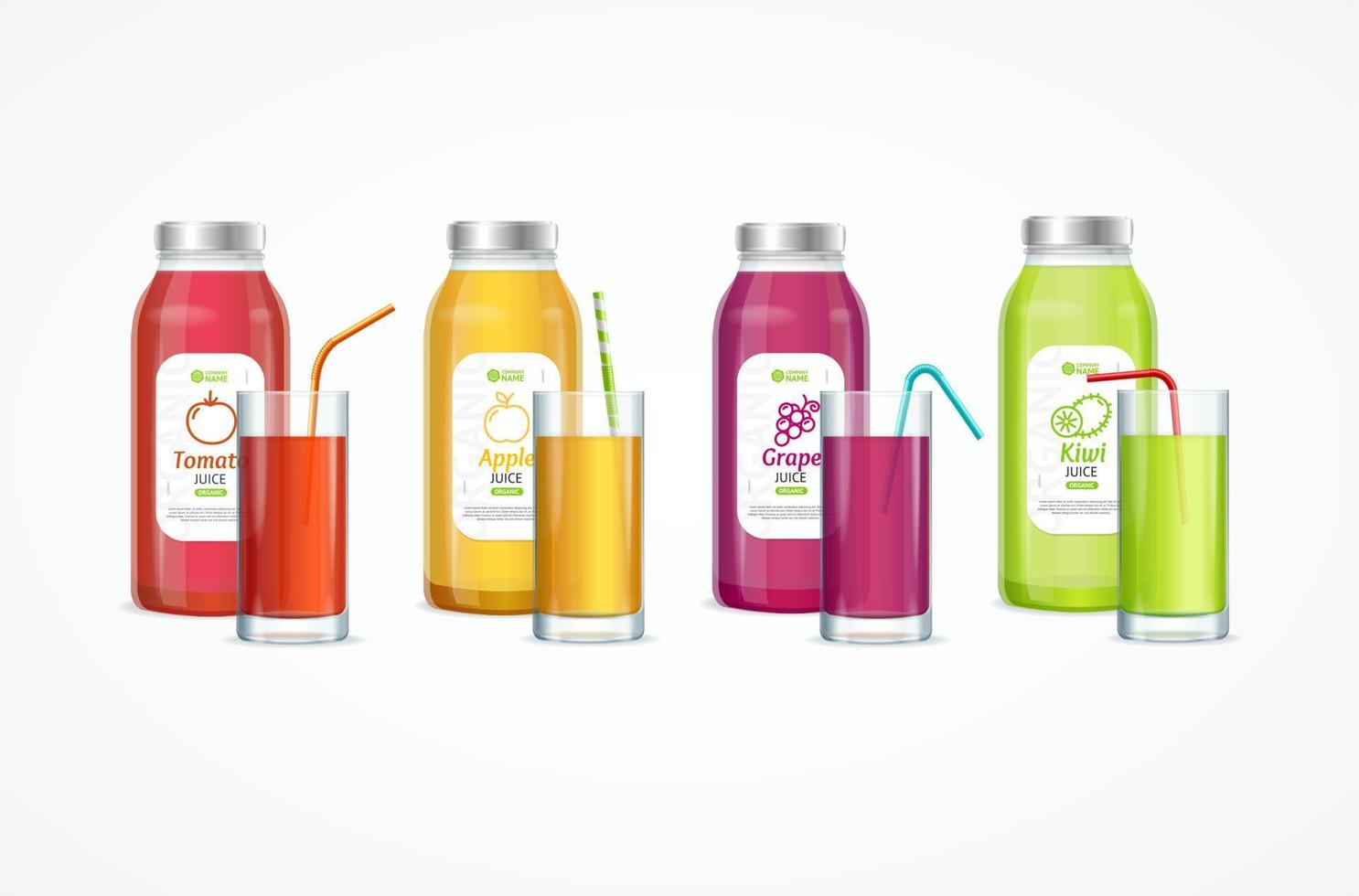 Realistic Detailed 3d Color Juice Bottle and Glass Set. Vector