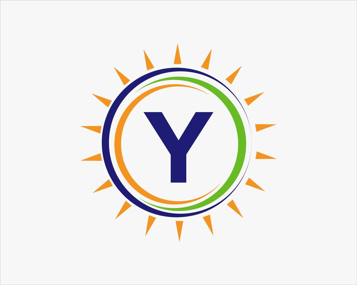 logotipo de la letra y sol. plantilla de logotipo de industria de agricultura eléctrica de granja de paneles solares vector