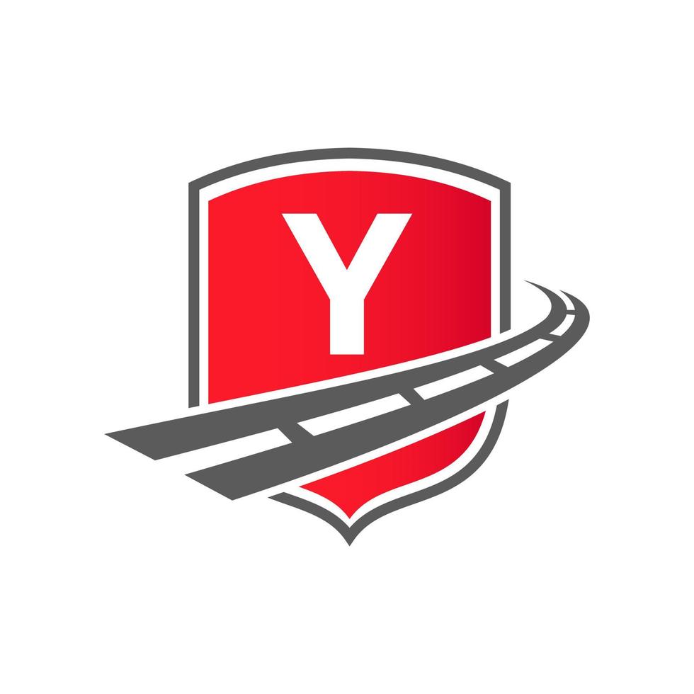 logotipo de transporte con concepto de escudo. plantilla de carga de diseño de logotipo de carretera de transporte de letra y vector