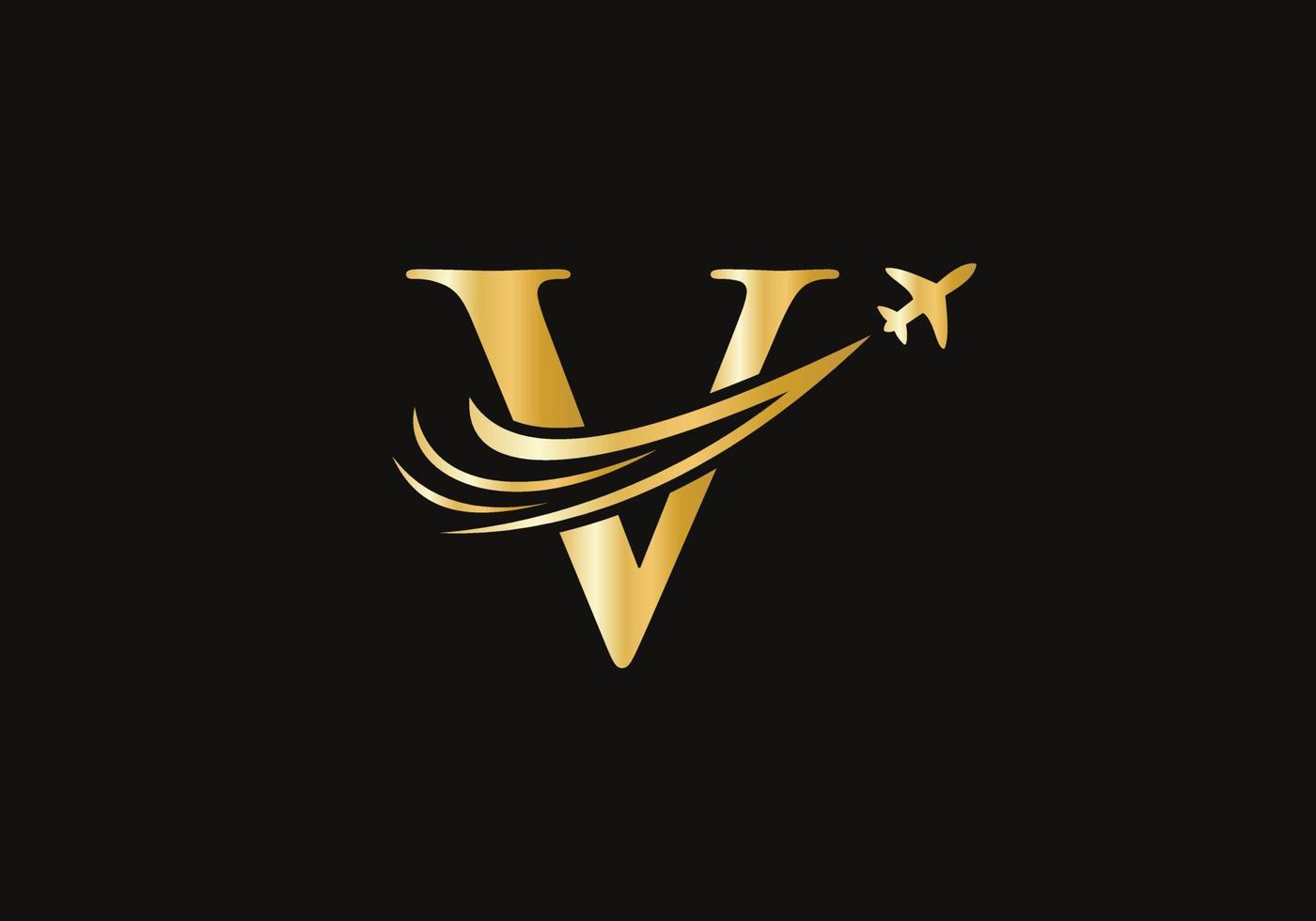 concepto de diseño de logotipo de viaje con letra v con símbolo de avión volador vector