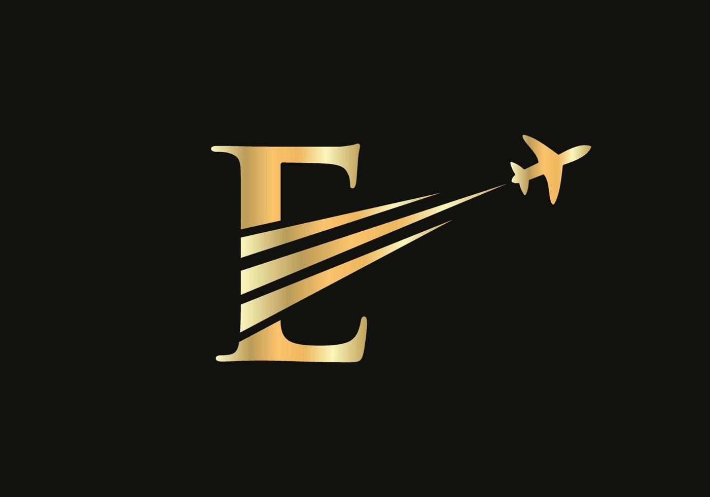 concepto de diseño de logotipo de viaje con letra e con símbolo de avión volador vector