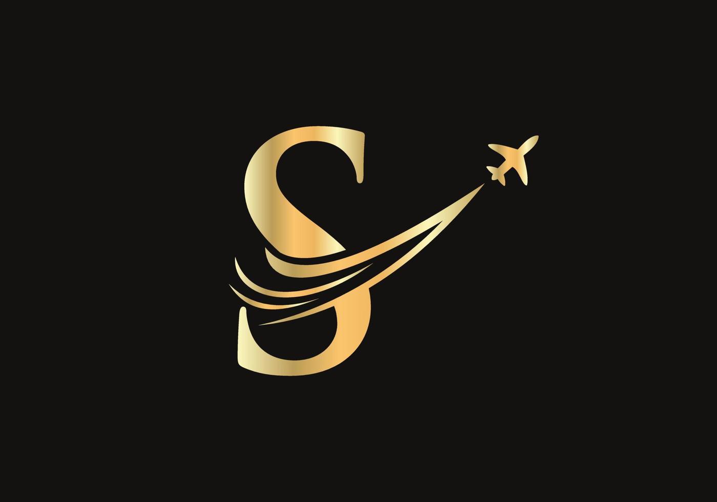 concepto de diseño de logotipo de viaje con letra s con símbolo de avión volador vector