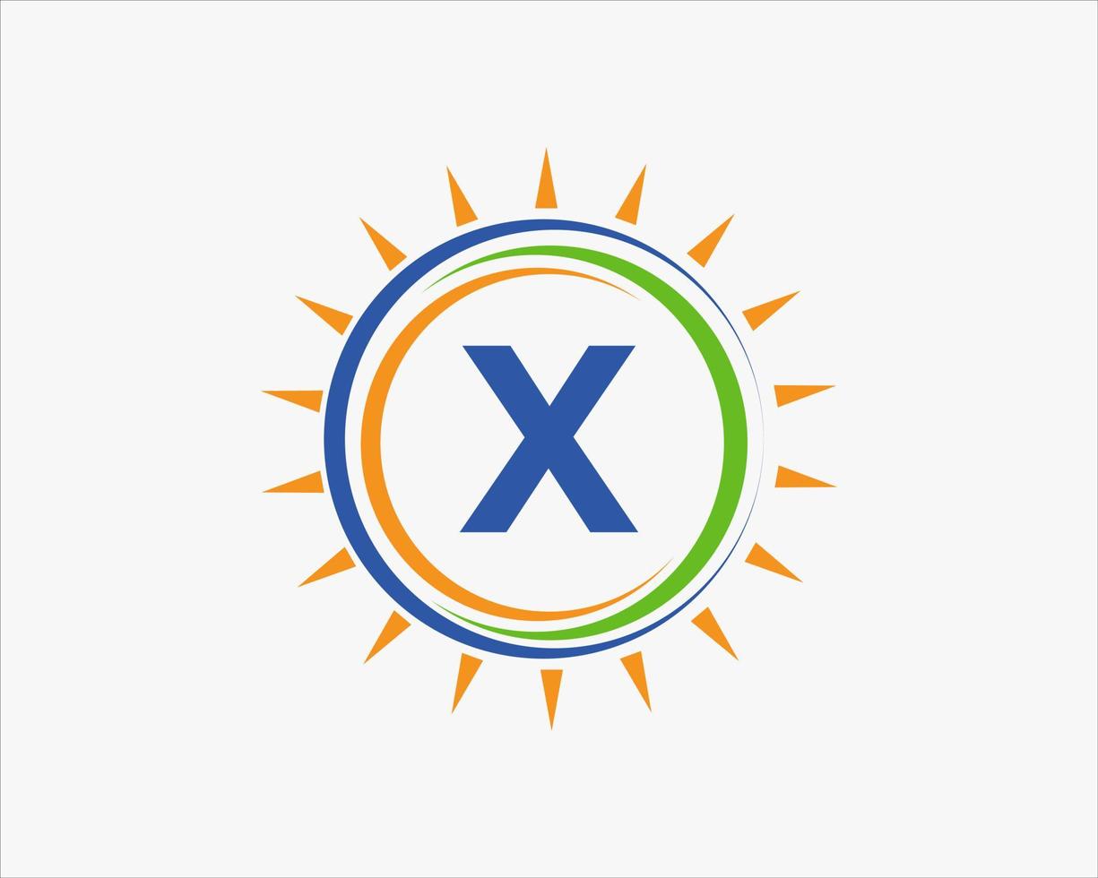 logotipo de la letra x sol. plantilla de logotipo de industria de agricultura eléctrica de granja de paneles solares vector