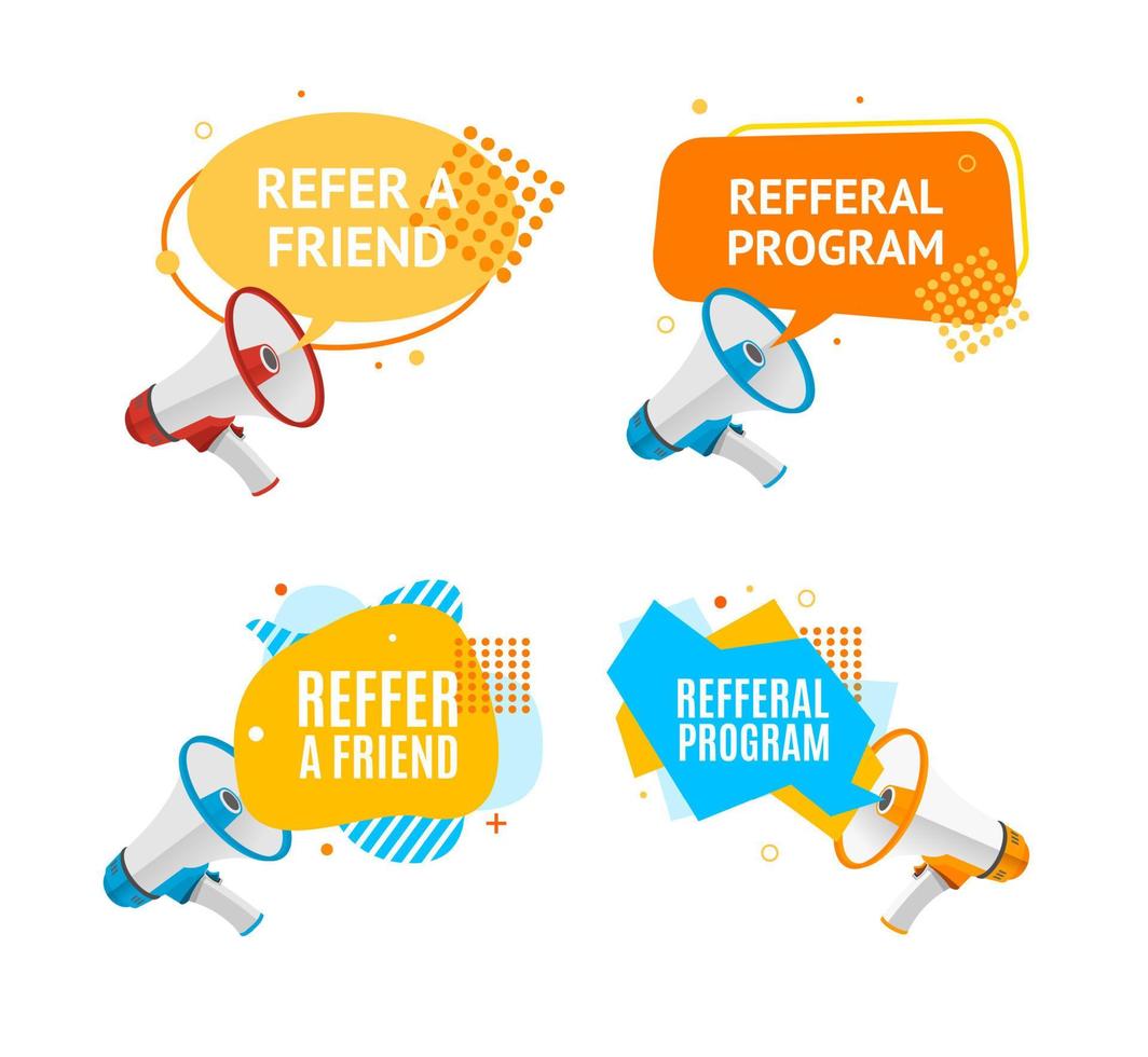 Refer a Friend Concept Label with Abstract Memphis Style Elements Set. Vector