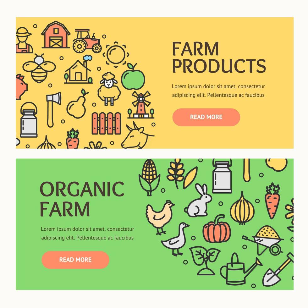 Farm Products Banner Horizontal Set. Vector