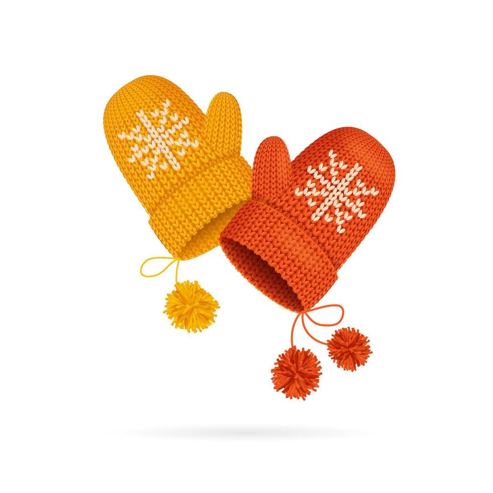 Realistic Detailed 3d Knitted Woolen Mittens Set. Vector