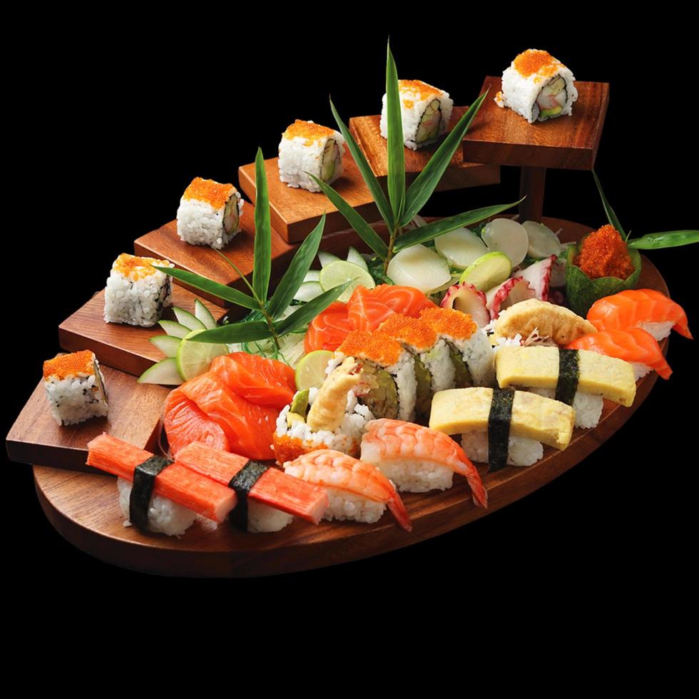 The ladder sushi menu. Japanese sushi with fish and rice. Collection of sushi menu and rice rolls photo