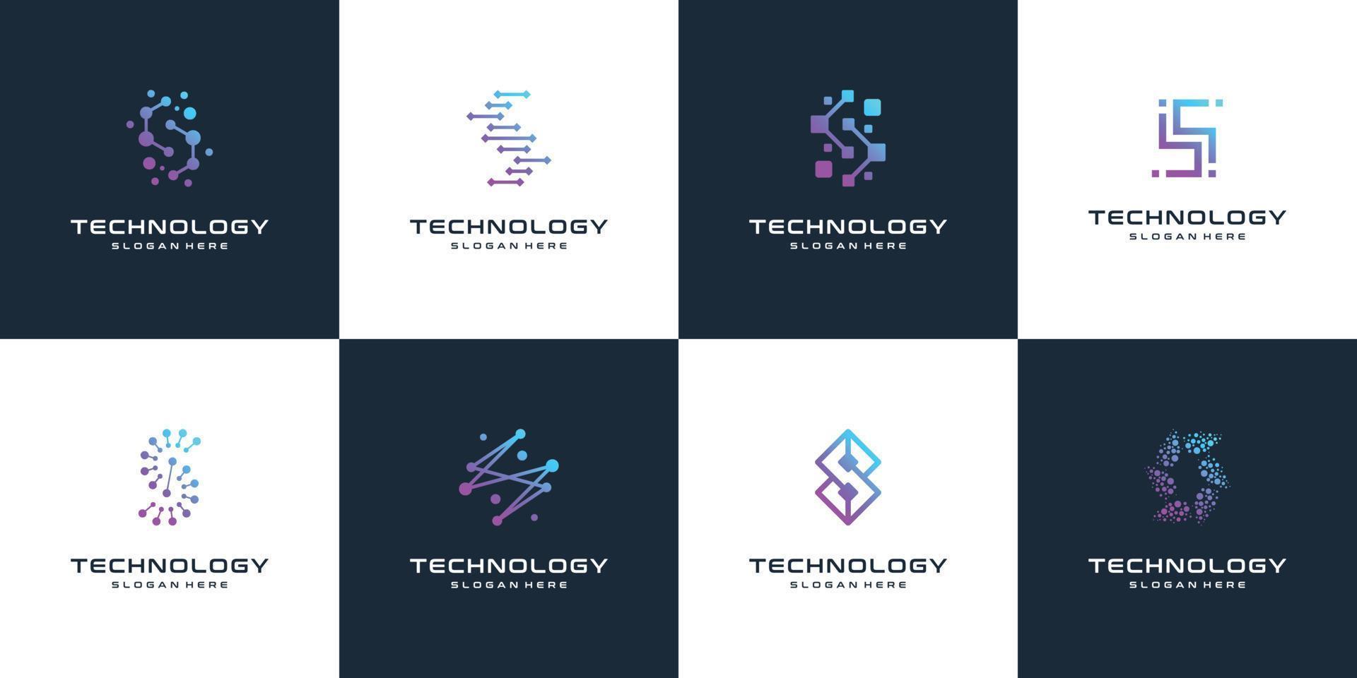 colección de tecnología de marca de letra de símbolo de diseño de logotipo abstracto de letra s, punto, computadora, datos, internet. vector premium